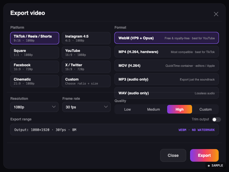 Klyssa export dialog screenshot